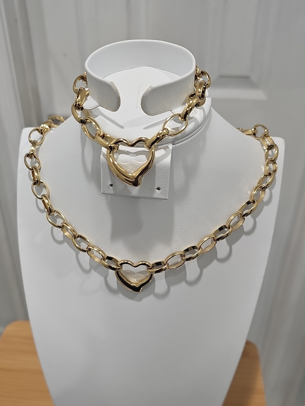 Gold Stainless Steel Heart Link Necklace and Bracelet Set